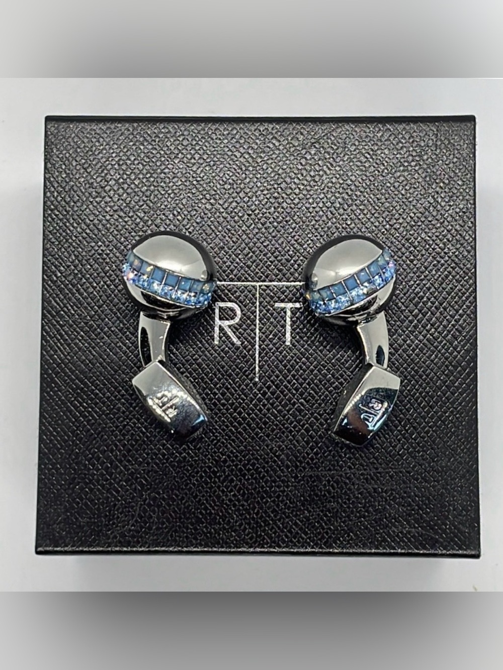 R|T by Robert Tateossian London Swarovski Blue Crystal Cufflinks Rhodium w Box